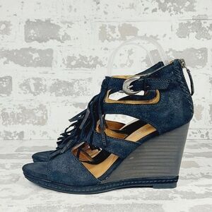 NEW Trask Felicity Fringe Black Suede Wedge Summer Sandals D1015